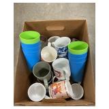 Box Lot With Coffee Mugs, Plastic Tumblers