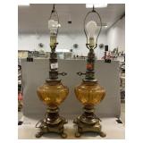 Pair Of Amber Glass Hollywood Regency-Style Lamp