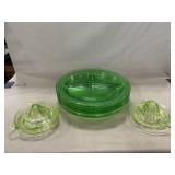 (5) Divided Green Depression Plates, (2) Juicers
