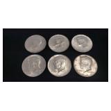 (6) 1964 U.S. Silver Kennedy Half Dollar Coins