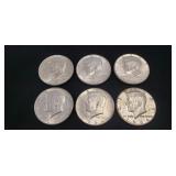 (6) 1964 U.S. Silver Kennedy Half Dollar Coins