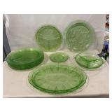 (4) Divided Plates & Assorted Green Depression
