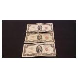 (3) U.S. Red Sealed Two Dollar Bills