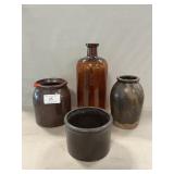 Amber Bottle, Glazed Stoneware Crocks