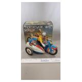 Vintage Metal Wind-Up Toy Motorcycle w/ Sidecar &