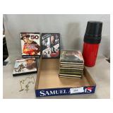 Lot With Thermos, CDï¿½s, DVDï¿½s, Cross Necklace