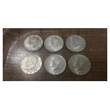 (6) U.S. 1964 Silver Kennedy Half Dollar Coins