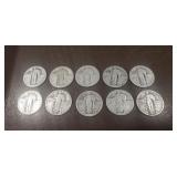 (10) U.S. Standing Liberty Silver Quarters (90%