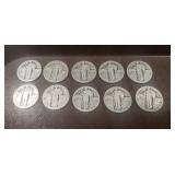 (10) U.S. Standing Liberty Silver Quarters (90%