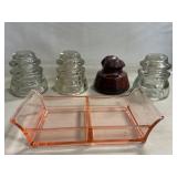 Pink Glass Divided Dish, (4) Insulators