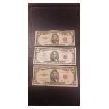 (3) U.S. Red Sealed Five Dollar Bills