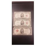 (3) U.S. Red Sealed Five Dollar Bills