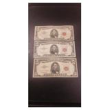 (3) U.S. Red Sealed Five Dollar Bills