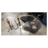 Set Of Two Fireplace Andirons, Two Coal Buckets &