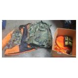 Box Lot Of Assorted Hunting, Military Clothes &