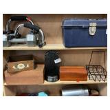 Shelf Lot With Wooden Boxes, Tin Candle Holder,