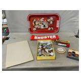 Vintage Tray, Wade Figurines, Button Covers,