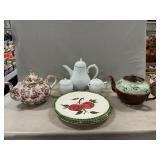 (3) Blue Ridge Pottery Plates, Avon Teapot &