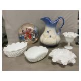 Ceramic Pitcher, Collector Plate, Milk Glass