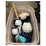 Box Lot With Hockey Helmet, Shin Pads, Baseball