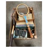 Box Lot With Tennis Racquets, Sunbeam Iron,