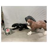 Ceramic Horse, Porcelain Panther & Elephant