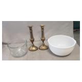 (2) Brass Candle Holders & (2) Glass Mixing Bowls