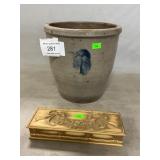 Blue Decorated Stoneware Crock, Trinket Box With