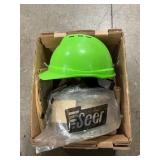 Box Lot With Hard Hat, Visors, Work Belt, Pouch