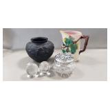 Majolica Pitcher, Sterling Lidded Dresser Jar &
