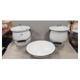 (1) Enamel 12" Bowl & (2) Enamel Chamber Pots