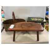 (2) Wooden Footstools, Handpainted Basket