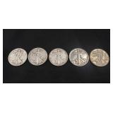 (5) U.S. Silver Walking Liberty Half Dollar Coins