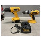 (2) DeWalt Cordless Drills, (1) 18V Battery &