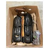 Wooden Tribal Masks, Carved Animal, Knife & Fork