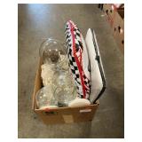Box Lot With Glassware, Seat Cushions, Crocheted