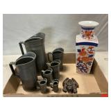 Pewter Measuring Set, Cast Iron Frog, Asian Vase