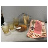 Iridescent Vase, Plates & Bowl, Amber Glasses,