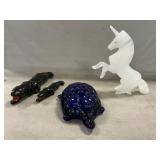 Marble Unicorn, Cobalt Glass Turtle Box,