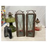 (2) Candle Lanterns, (2) Oil Lamp Bases, Sad Iron