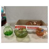 (7) Iridescent Punch Glasses, Green Glass Vase &