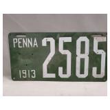 (1) Vintage 1913 PA. Porcelain License Plate