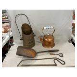 Copper Coal Scuttle & Teapot, Hacksaw, Mini Rug