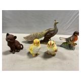 Lefton Peacock Planter & Chicks, Porcelain Robin,