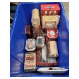 (1) Plastic Bin Of Assorted Tins & More