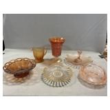 Carnival Vase, Pink Depression Basket & Dish,
