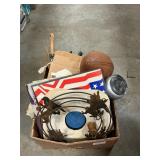Box Lot With Lanterns, Yard Tools, Football, Wind