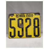 (1) Vintage 1908 PA. Porcelain License Plate