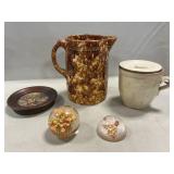 Rockingham Pitcher, Stoneware Handled Crock,