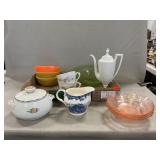 Pink, Green Depression Bowls, Hall Sugar Bowl,